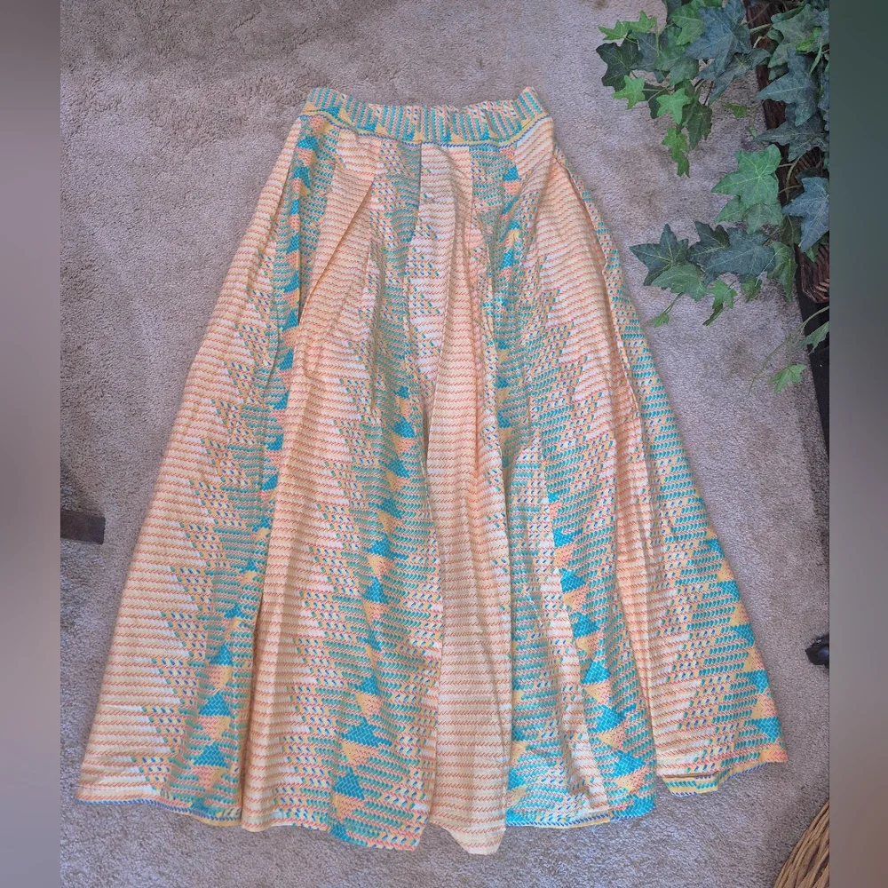 Peach and Teal Pleated Long A-line Skirt Modest Aztec Southwest Print - Picture 5 of 13